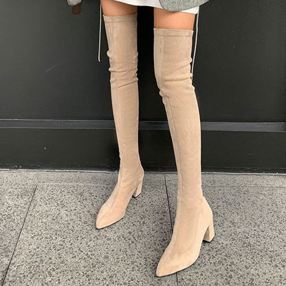 Apricot Cover Over-The-Knee Chunky Women’s Boots with Pointed Toe & Zip Closure – Stylish High Heel Winter Boots for Casual & Goth Fashion, Goth Fashion Boots | Chunky Heel Boots | Fabric Lined Boots, High Heel Boots