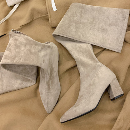 Apricot Cover Over-The-Knee Chunky Women’s Boots with Pointed Toe & Zip Closure – Stylish High Heel Winter Boots for Casual & Goth Fashion, Goth Fashion Boots | Chunky Heel Boots | Fabric Lined Boots, High Heel Boots