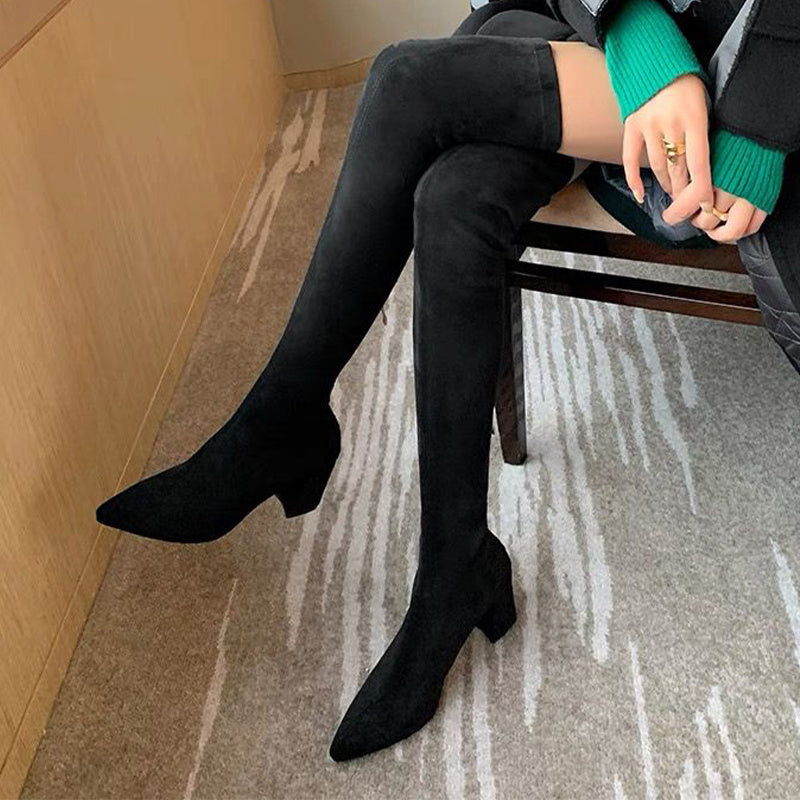 Apricot Cover Over-The-Knee Chunky Women’s Boots with Pointed Toe & Zip Closure – Stylish High Heel Winter Boots for Casual & Goth Fashion, Goth Fashion Boots | Chunky Heel Boots | Fabric Lined Boots, High Heel Boots