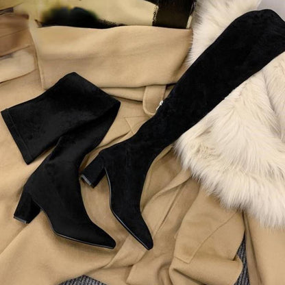 Apricot Cover Over-The-Knee Chunky Women’s Boots with Pointed Toe & Zip Closure – Stylish High Heel Winter Boots for Casual & Goth Fashion, Goth Fashion Boots | Chunky Heel Boots | Fabric Lined Boots, High Heel Boots