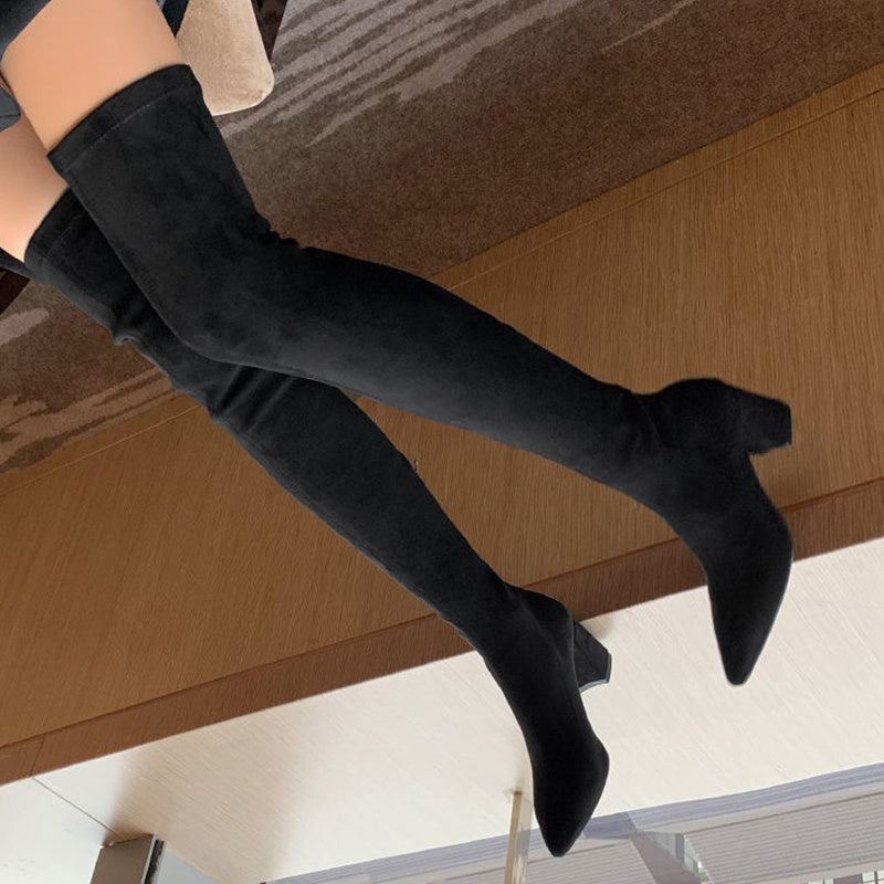 Apricot Cover Over-The-Knee Chunky Women’s Boots with Pointed Toe & Zip Closure – Stylish High Heel Winter Boots for Casual & Goth Fashion, Goth Fashion Boots | Chunky Heel Boots | Fabric Lined Boots, High Heel Boots