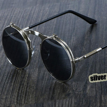 Steampunk Retro Round Metal Flip Fashion Glasses, With Spring Temples, For Men Women Outdoor Party Vacation Travel Driving Supplies Photo Props