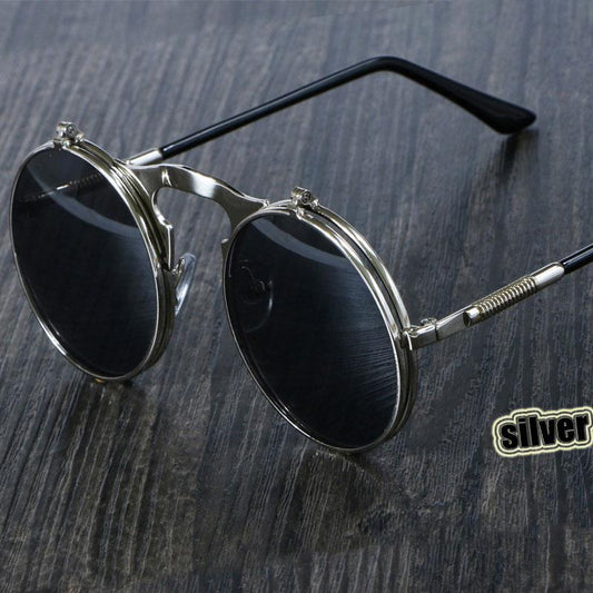 Steampunk Retro Round Metal Flip Fashion Glasses, With Spring Temples, For Men Women Outdoor Party Vacation Travel Driving Supplies Photo Props