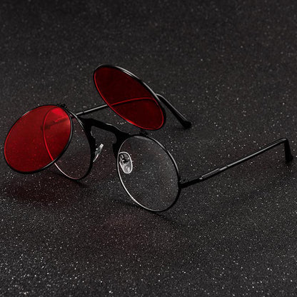 Steampunk Retro Round Metal Flip Fashion Glasses, With Spring Temples, For Men Women Outdoor Party Vacation Travel Driving Supplies Photo Props