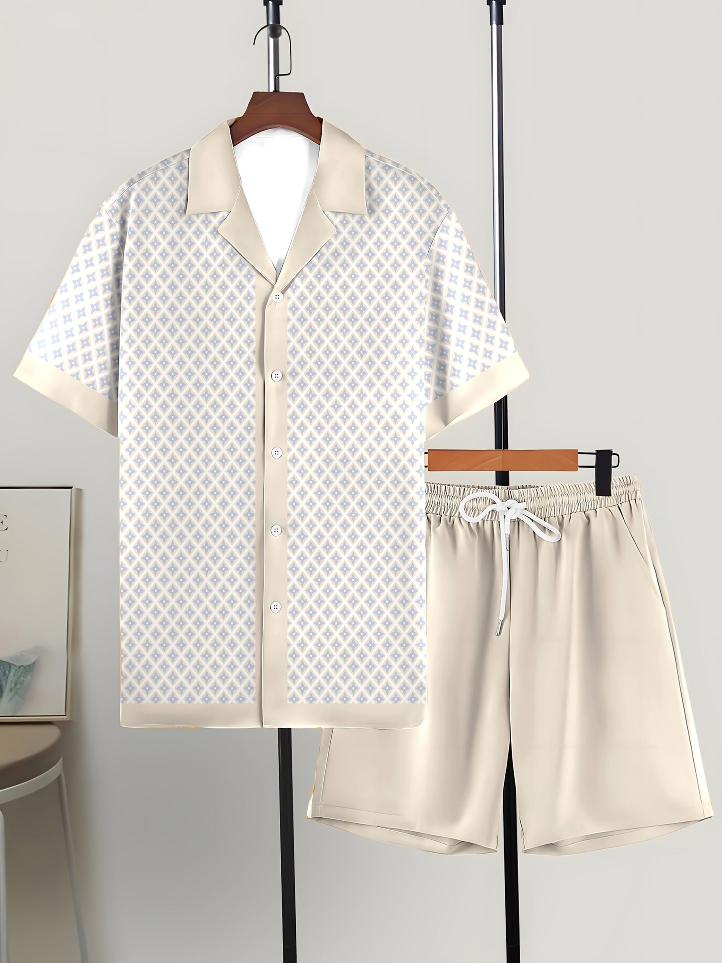 2pcs Men's Shirt and Shorts Set: Loose Cuban Collar Short Sleeve Shirt with Casual Outdoor Sports Vacation Outfit