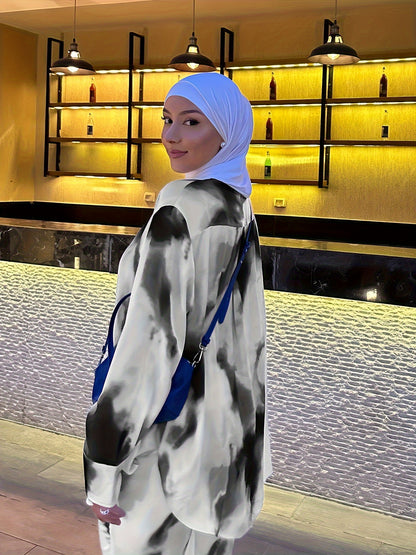 2pcs Women's Elegant Arabic-Inspired Abaya Set - Long Sleeve Shirt & Pants with White & Black Gradient Print, Structured Button-Up Outfit, Machine Washable All-Season Muslim Women's Clothing for Casual & Formal Events, Fancy