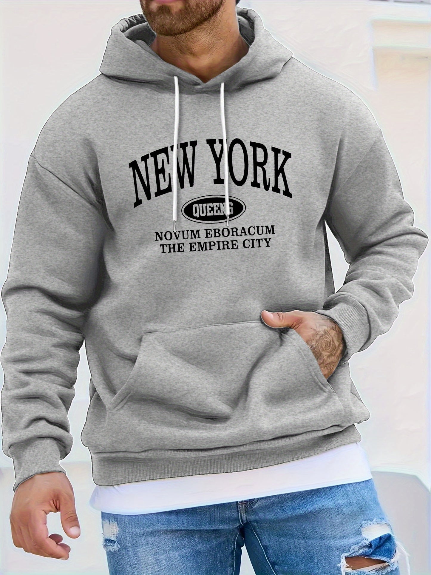 Men's NEW YORK Letter Print Hoodie, Casual Pullover Sports Sweatshirt, Fashionable Hooded Top