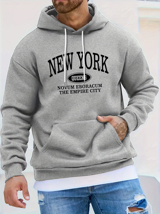 Men's NEW YORK Letter Print Hoodie, Casual Pullover Sports Sweatshirt, Fashionable Hooded Top