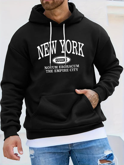 Men's NEW YORK Letter Print Hoodie, Casual Pullover Sports Sweatshirt, Fashionable Hooded Top