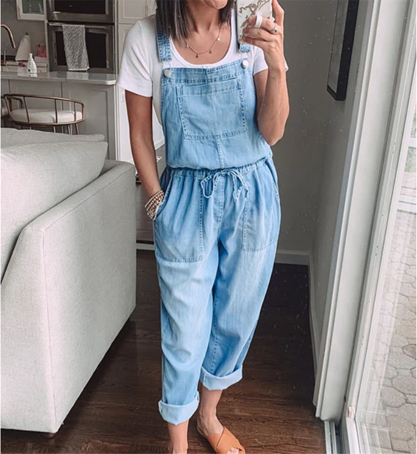 Spring Summer Drawstring Denim Overalls Women's Simple Casual With Stylish Pocket Slim Slim Feet Denim Pants