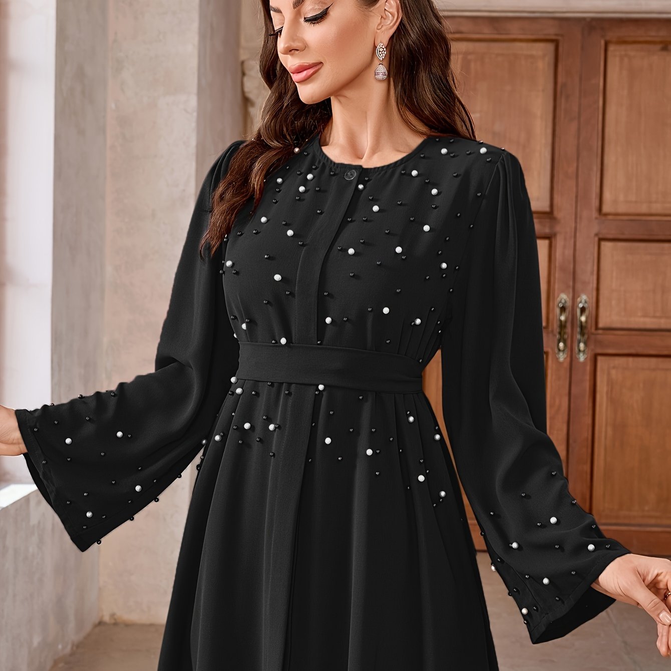 Elegant Navy Blue Abaya with Pearl Embellishments and Belt - Long Sleeve, Floor-Length Dress for Women, Perfect for Formal Occasions, Formal Attire|Elegant Abaya|Pearl Embellishments