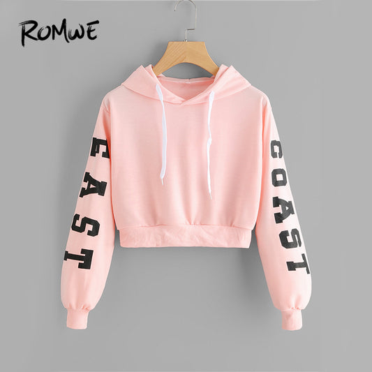 Pink Cropped Hoodies Drawstring Casual Women Letters Print Long Sleeve Hooded Sweatshirt Autumn Graphic Sweet Hoodies