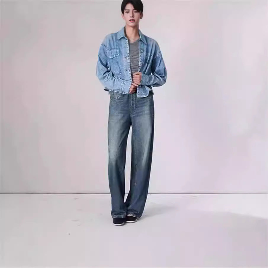 Retro mid rise women's jeans floor length washed loose wide leg straight leg pants