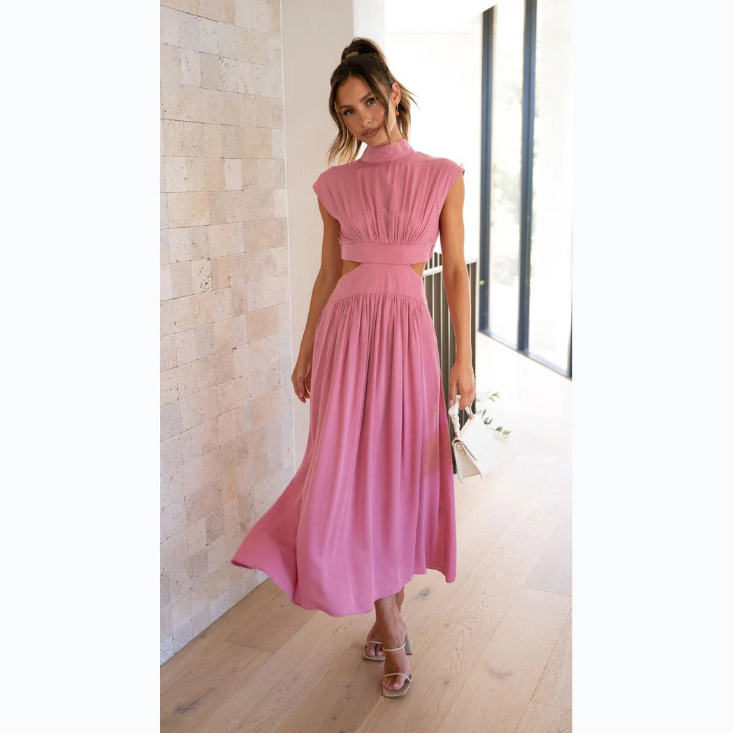 Standing collar macaron color waist length dress