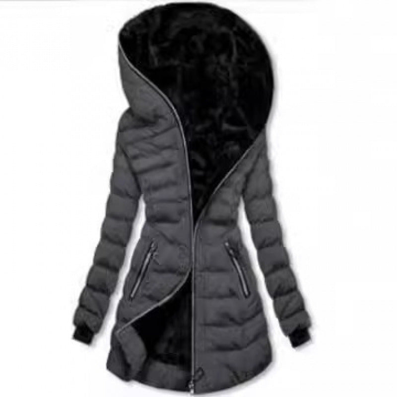 Women's cotton clothing hooded long sleeved warm and plush cotton clothing winter mid to long zipper jacket