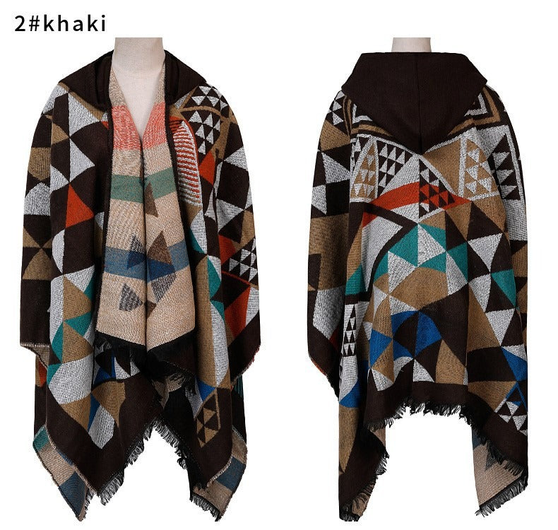 Hooded cape shawl women's plaid knitted shawl scarf shawl dual-purpose