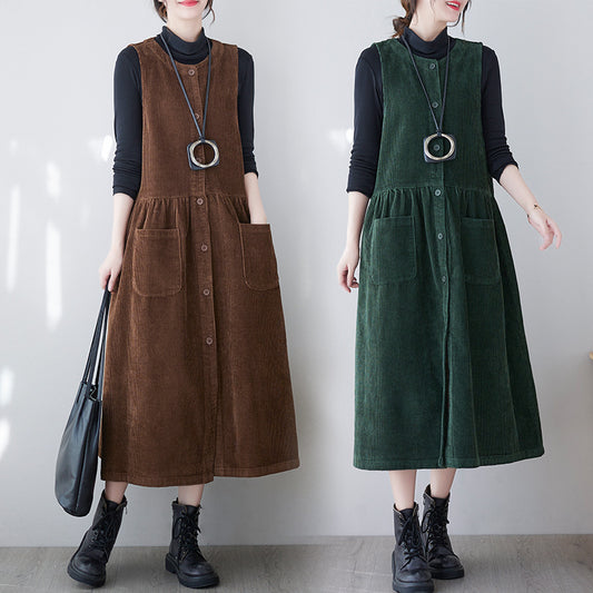 Autumn and Winter Vintage Washed Cotton Corduroy Strap Skirt, Women's Solid Color Temperament, Single breasted Sleeveless Tank Top Dress