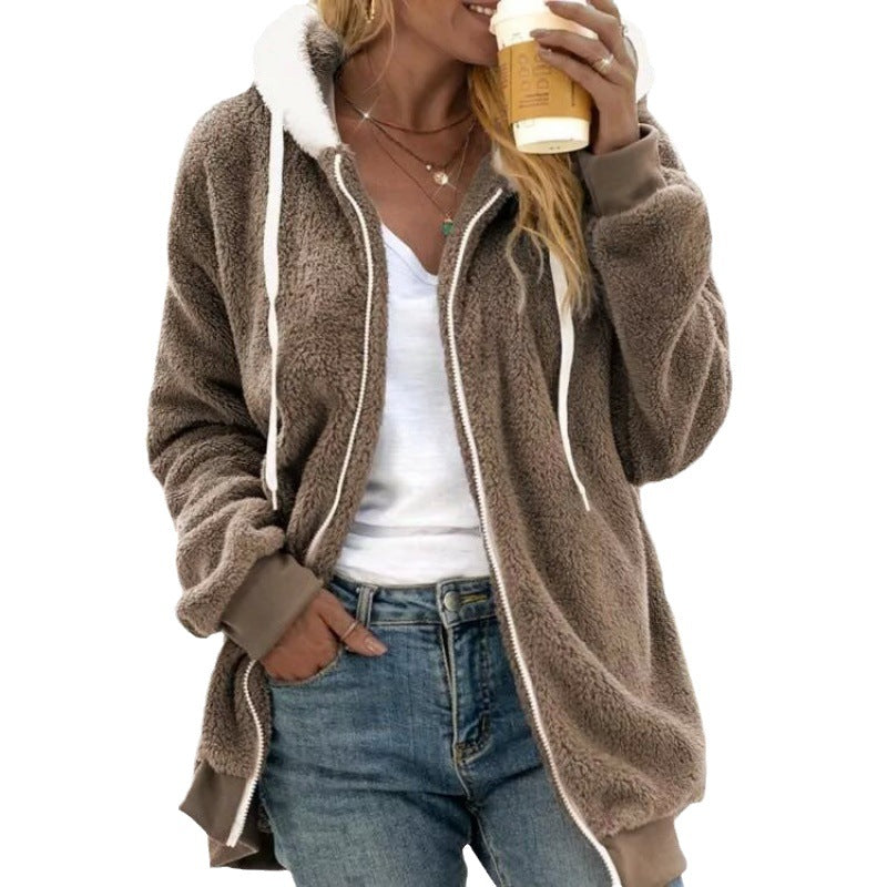 Autumn and winter loose plush zipper hooded jacket for women