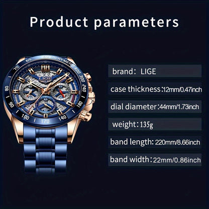 LIGE Watch For Men Top Brand Luxury Men Watch Fashion Business Sports Quartz Chronograph Wristwatches Hollowed Out Chronograph Watch