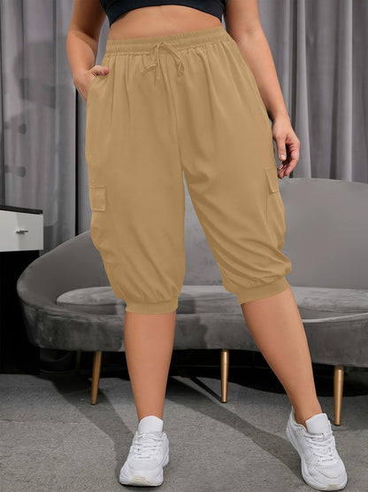[Sporty Chic] Plus Size Women's Lightweight Breathable Capri Yoga Pants with Side Flap Pockets & Drawstring Waist - Casual, Sporty Khaki Cargo Pants, Plus Size Pants