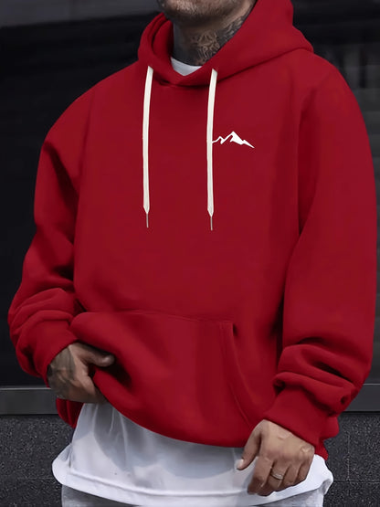 Men'S Casual Polyester Hoodie with Mountain Icon Print, Long Sleeve Hooded Sweatshirt, Trendy All-Season Knit Fabric Top with Drawstring, Regular Fit - 100% Polyester, 190g/m²