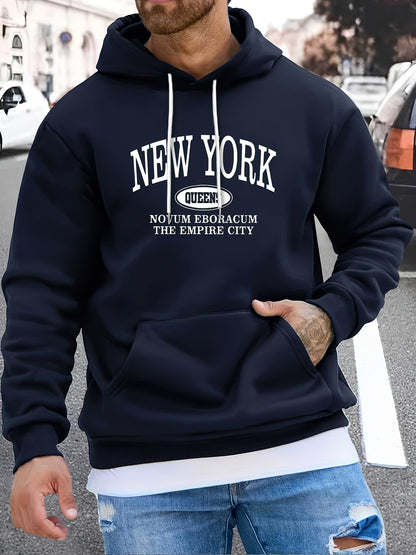 Men's NEW YORK Letter Print Hoodie, Casual Pullover Sports Sweatshirt, Fashionable Hooded Top