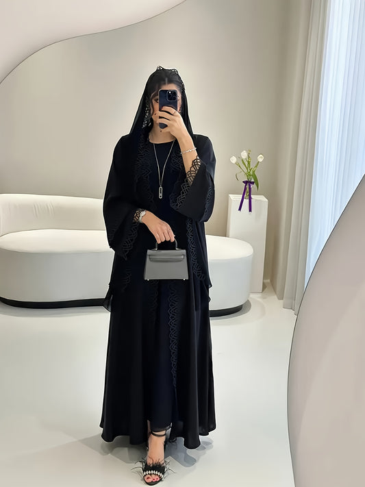 3pcs Elegant Muslim Women'S Abaya Set with Sleeveless Vest Skirt, Headscarf, and Belt - Black Lace Trim, Long Sleeve, Solid Color, All-Season Wear, Modest Fashion for Ramadan, Elegant Attire|Traditional Attire|Lace Trim Detai