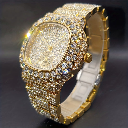 Gold Watch For Men Diamond Iced Out Hip Hop Stylish Quartz Watches For Male Double Dial Heavry Waterproof Wristwatches Summer In