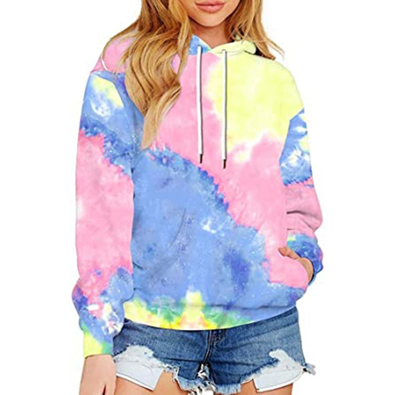 Europe and America Spring, Autumn and Winter New Women's Top Tie Dyed Hooded Long Sleeve Pocket Guards