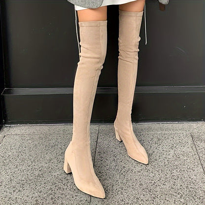 Apricot Cover Over-The-Knee Chunky Women’s Boots with Pointed Toe & Zip Closure – Stylish High Heel Winter Boots for Casual & Goth Fashion, Goth Fashion Boots | Chunky Heel Boots | Fabric Lined Boots, High Heel Boots