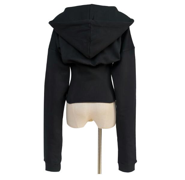 Thin Slim Hooded Long Sleeve Waist Black V-neck Casual Sweater Women's Trendy Slim Sweater