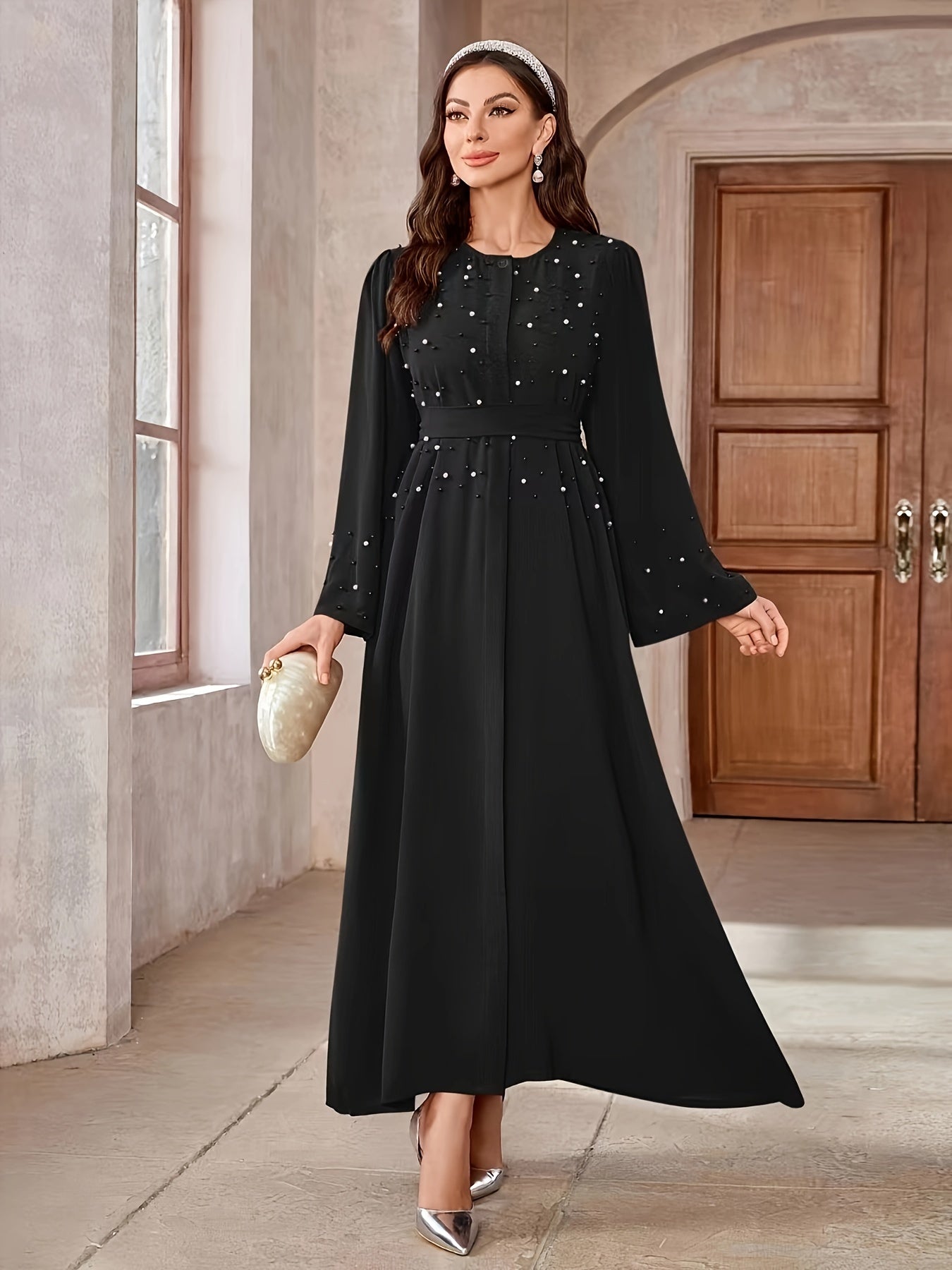 Elegant Navy Blue Abaya with Pearl Embellishments and Belt - Long Sleeve, Floor-Length Dress for Women, Perfect for Formal Occasions, Formal Attire|Elegant Abaya|Pearl Embellishments