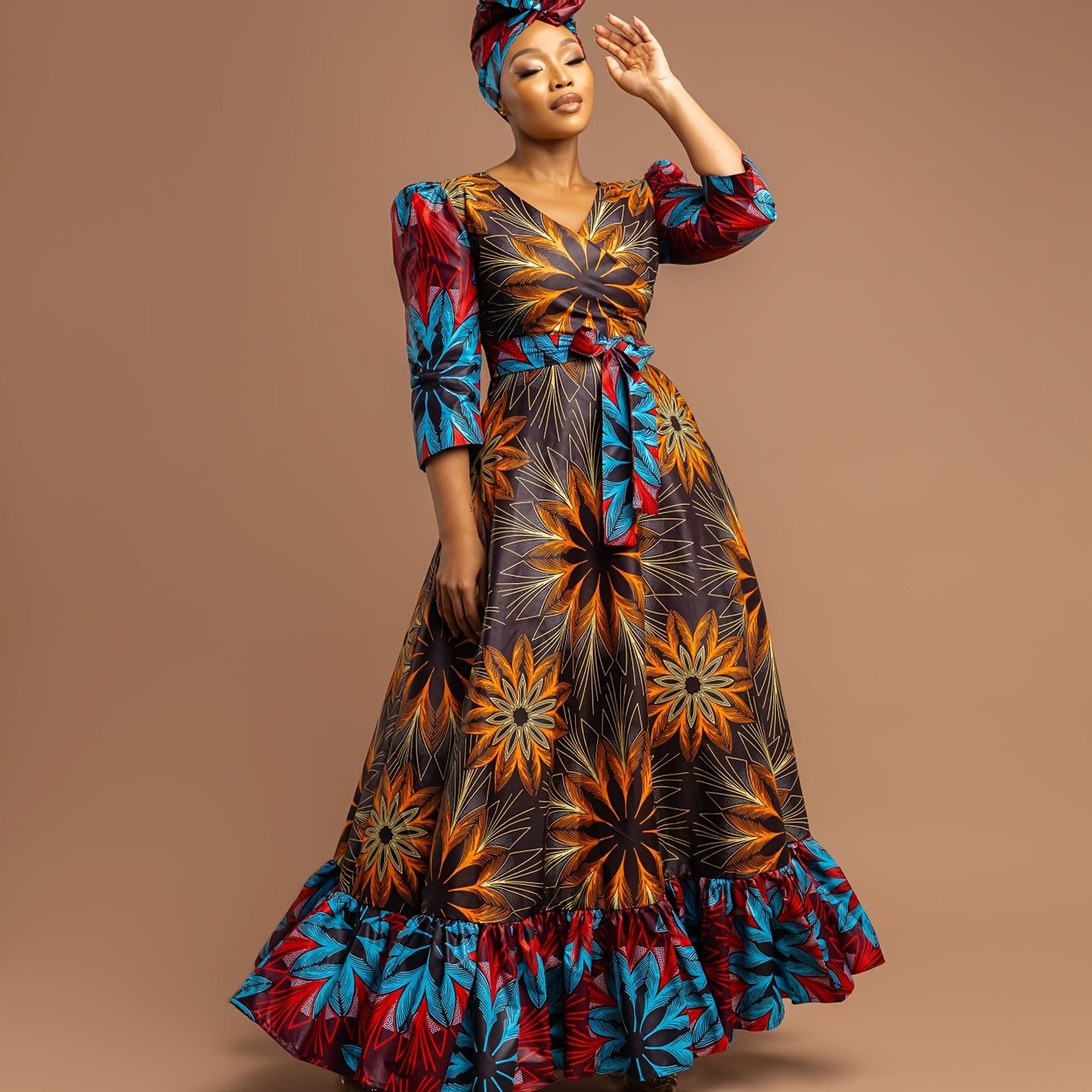 [Plus Size Floral Dress] Vibrant Plus Size Women's Floral Print Maxi Dress | Machine Washable, Fitted Long Sleeve, Front Bow Tie Waist | Spring/Fall, Ditsy Floral Print, Stylish Ruffle Detailing, Blue Red Yellow Orange Black