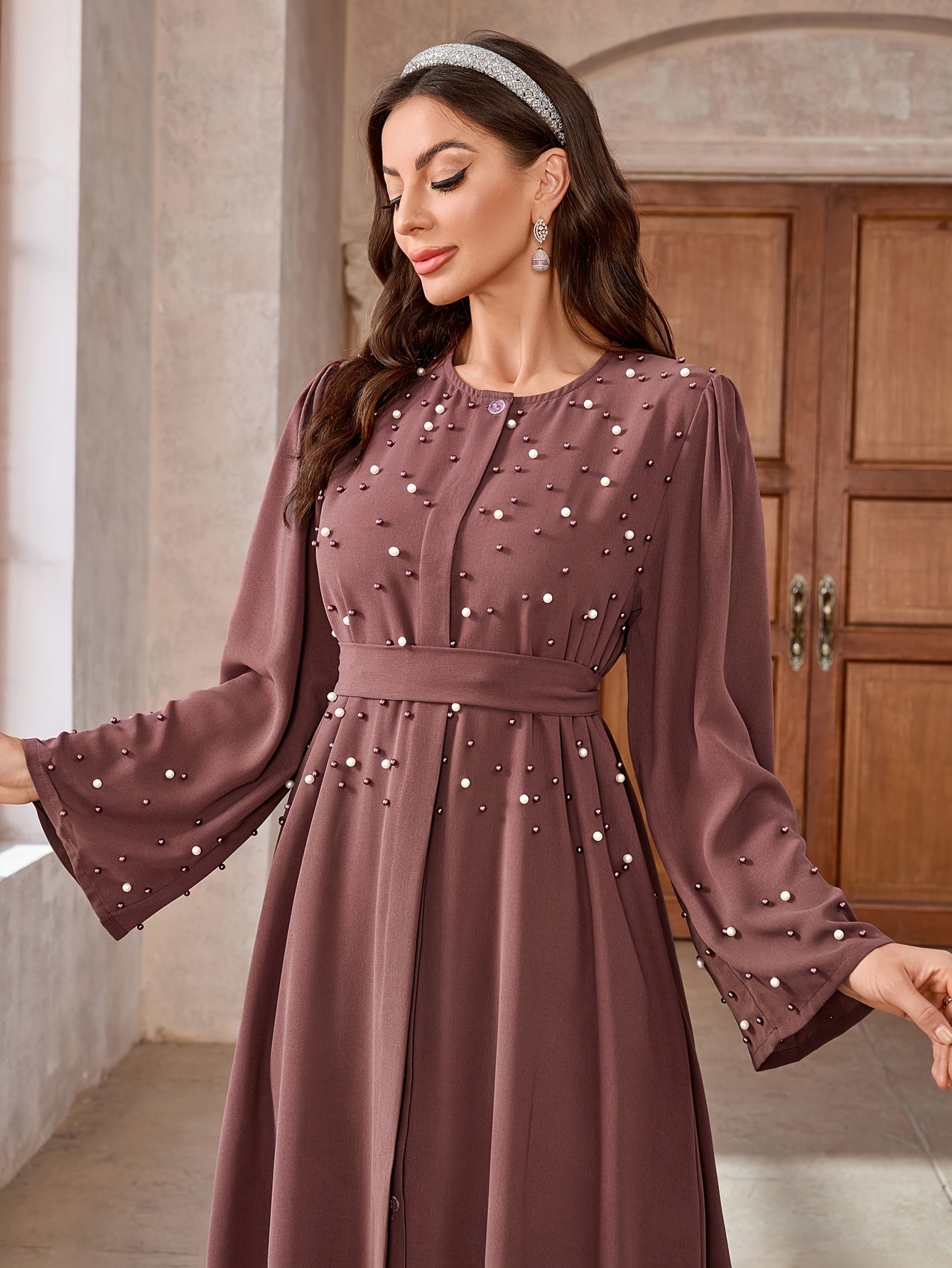 Elegant Navy Blue Abaya with Pearl Embellishments and Belt - Long Sleeve, Floor-Length Dress for Women, Perfect for Formal Occasions, Formal Attire|Elegant Abaya|Pearl Embellishments