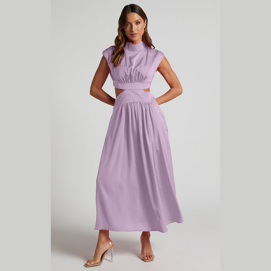 Standing collar macaron color waist length dress