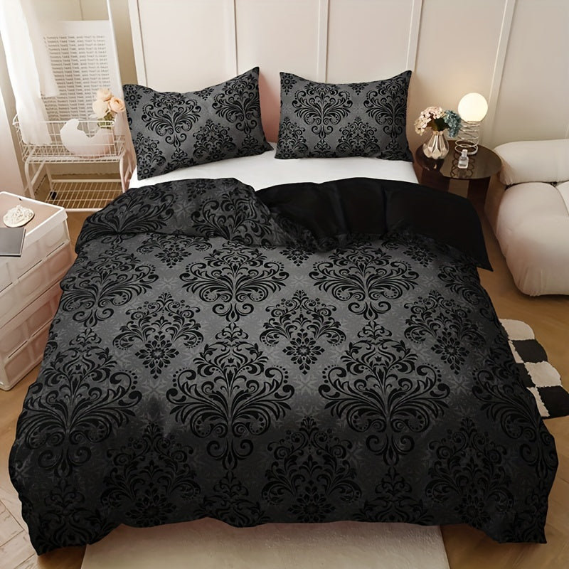 3pcs Black and Gray Floral Pattern Duvet Cover Set - 1 Duvet Cover + 2 Pillowcases, High-Definition Print, Polyester, All-Season Comfort, Machine Washable, Ideal for Home and Dorm Use, Dorm Room Essentials|Floral Pattern Bedd