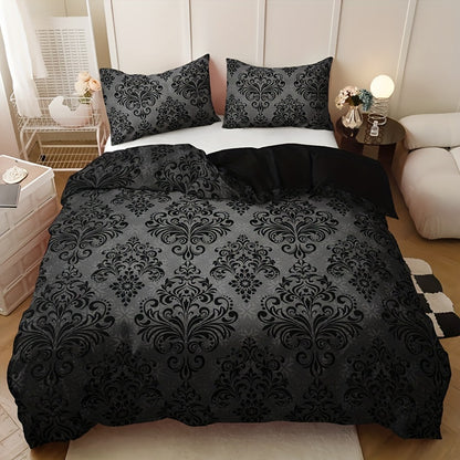 3pcs Black and Gray Floral Pattern Duvet Cover Set - 1 Duvet Cover + 2 Pillowcases, High-Definition Print, Polyester, All-Season Comfort, Machine Washable, Ideal for Home and Dorm Use, Dorm Room Essentials|Floral Pattern Bedd