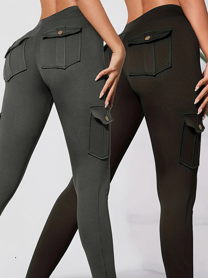 2pcs Women'S Cargo Leggings with Side Pockets - Olive Green & Black, Elastic Waistband, Mid-Rise, Stretchy Polyester Blend, Perfect for Outdoor & Casual Wear, Spring/Summer Collection, Versatile Clothing | Side Pocket Legging