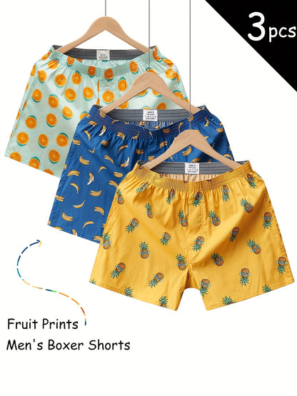 3 Pieces of Men's Comfortable Cotton Fruit Pattern Full Print Boxer Shorts with Breathable Fabric and Relaxed Fit for Everyday Wear