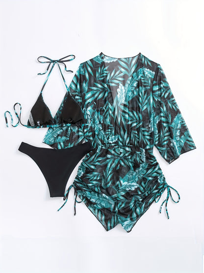3-Piece Leaf Plant Print Bikini Sets, Triangle Halter Neck High Cut With Sheer Cover Up Drawstring Overall Swimsuit, Women's Swimwear & Clothing for Koningsdag/King's Day