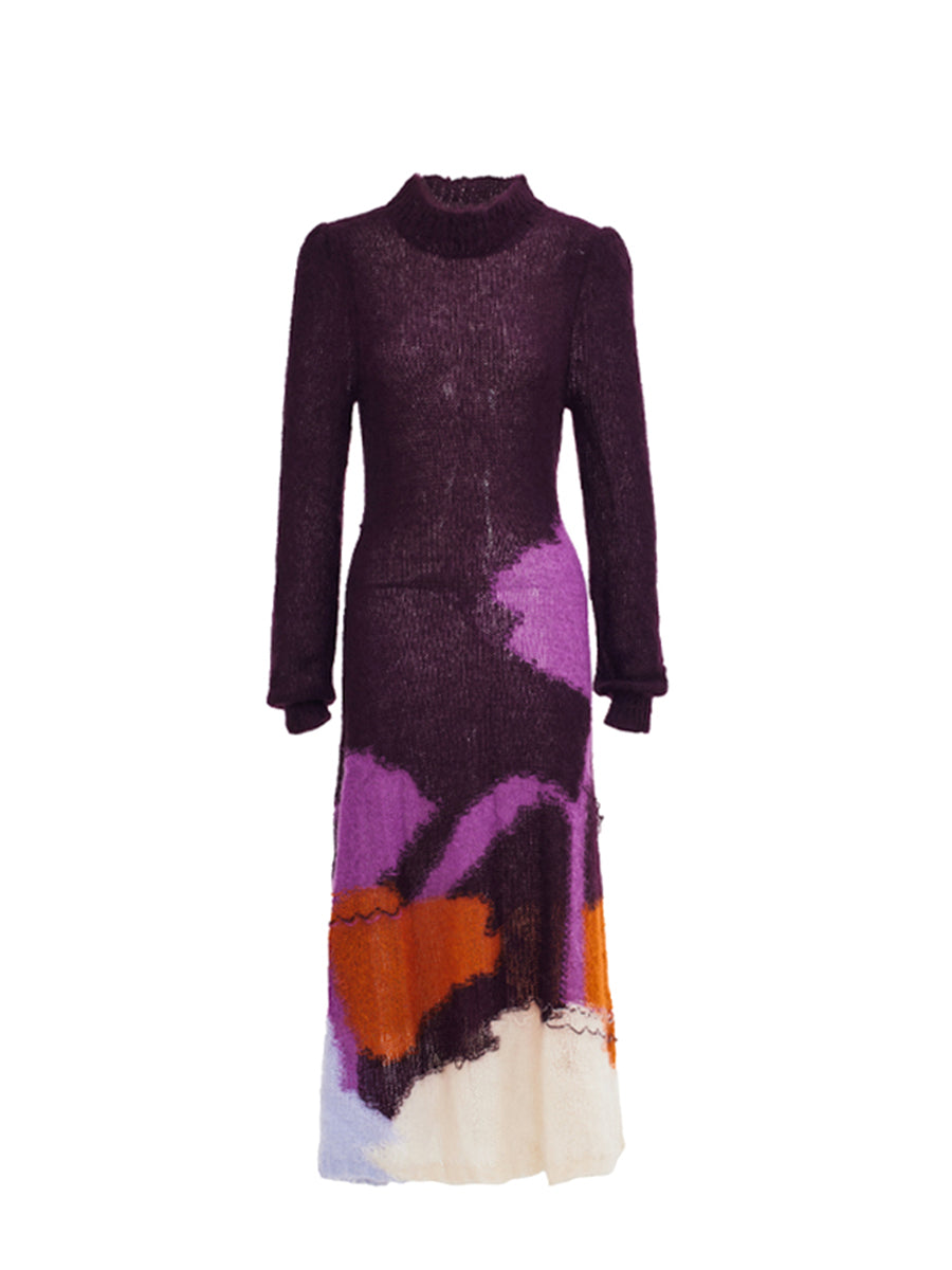 Fashionable contrasting pattern soft and sticky mohair knitted dress sweater long skirt