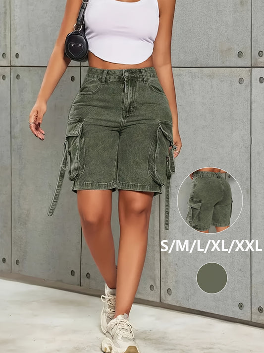 Women's Stretch Mid-Rise Straight Leg Denim Shorts with Organ-Pocket Design - Olive Green Casual Athletic Shorts, Machine Washable Comfort Fit for Spring/Summer Outdoor Activities, Spring Summer Apparel