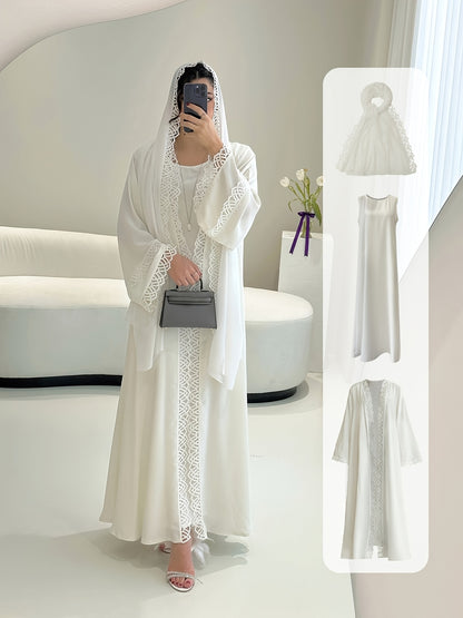 2pcs Elegant Traditional Abaya with Lace Trim and Sleeveless Vest Skirt Set, Headscarf, Long Sleeve, Solid Color, All-Season Wear, No Belt, for Ramadan, Cultural Attire|Elegant Abaya|Lace Trim Abaya, Gulf Abaya For Women Eleg