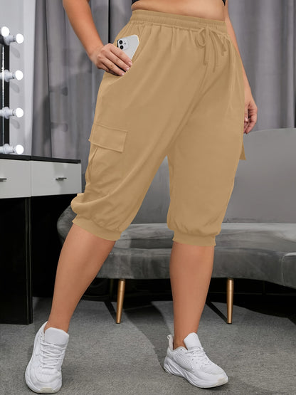 [Sporty Chic] Plus Size Women's Lightweight Breathable Capri Yoga Pants with Side Flap Pockets & Drawstring Waist - Casual, Sporty Khaki Cargo Pants, Plus Size Pants