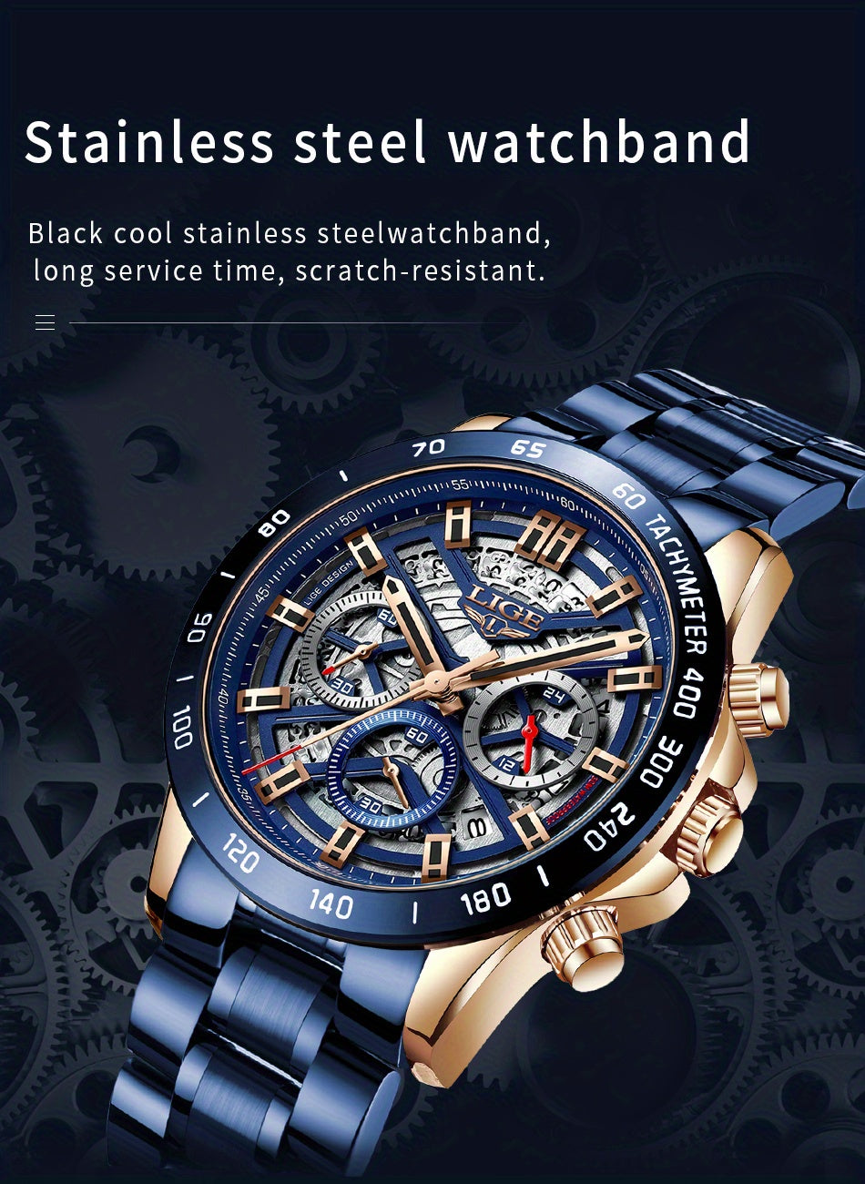 LIGE Watch For Men Top Brand Luxury Men Watch Fashion Business Sports Quartz Chronograph Wristwatches Hollowed Out Chronograph Watch