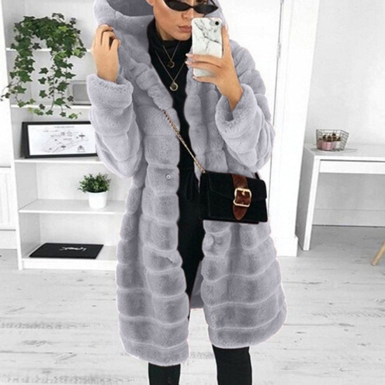 European and American medium to long solid color loose plush hooded coat imitating fur for autumn and winter warm jacket