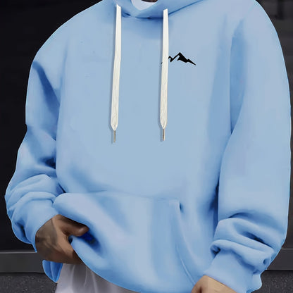 Men'S Casual Polyester Hoodie with Mountain Icon Print, Long Sleeve Hooded Sweatshirt, Trendy All-Season Knit Fabric Top with Drawstring, Regular Fit - 100% Polyester, 190g/m²