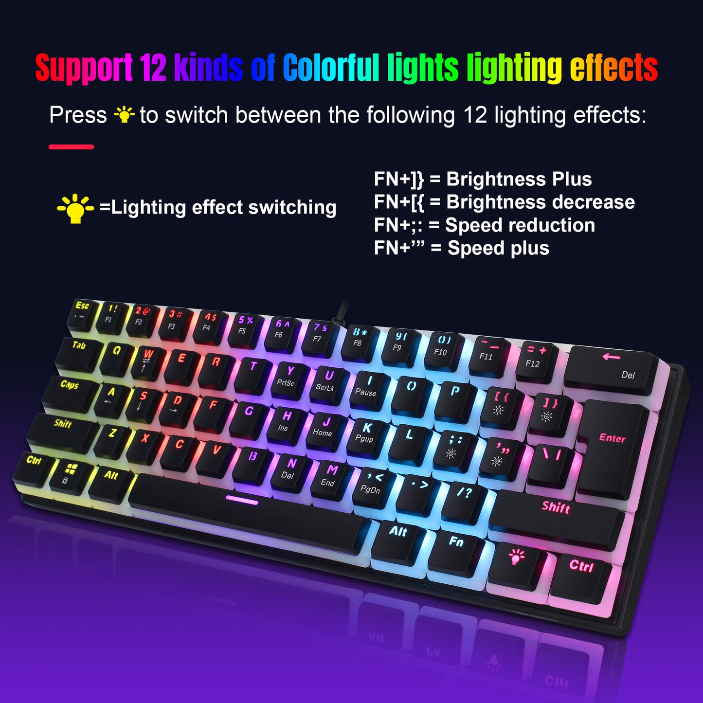 HXSJ new 61 key wired mechanical keyboard, blue axis pudding keycap, color backlit game, office and home use