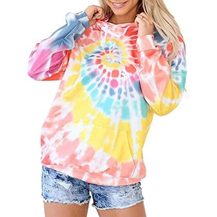 Europe and America Spring, Autumn and Winter New Women's Top Tie Dyed Hooded Long Sleeve Pocket Guards