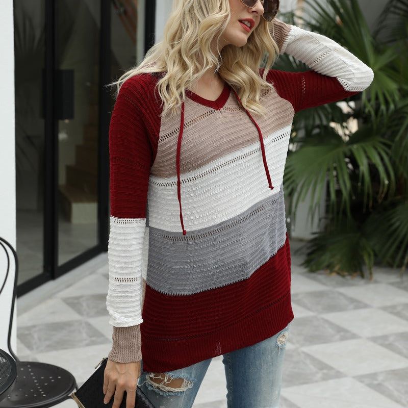 Fall/Winter Women's Long Sleeve Loose Hollow Contrast Color Knit Sweater Hooded Sweater